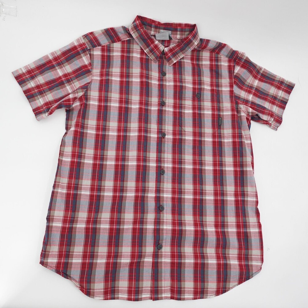 Columbia Mens Large Red Plaid Short Sleeve Button Down Shirt Regular Fit Cotton